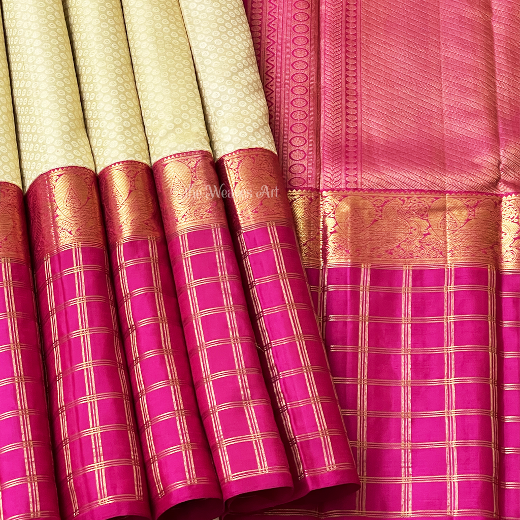 Cream & Pink Color Bridal Kanjivaram Silk Saree