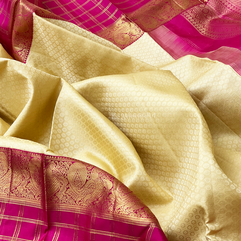 Cream & Pink Color Bridal Kanjivaram Silk Saree