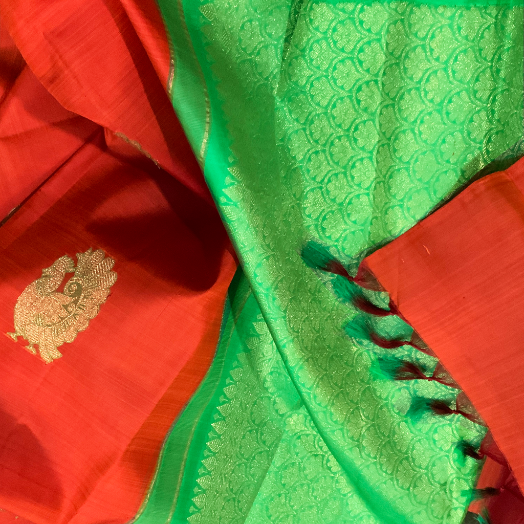 Orange Kanchipuram Pattu Saree with Green Pallu (Pure Silk with Silk Mark Tag)