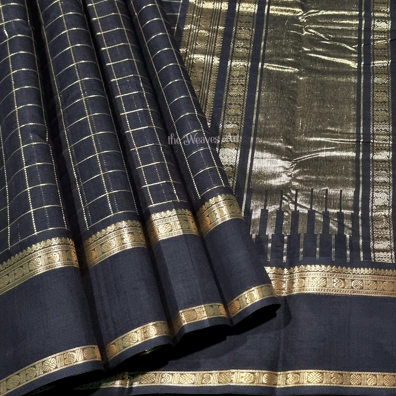 Black Checks Kanchi Cotton Saree with Zari