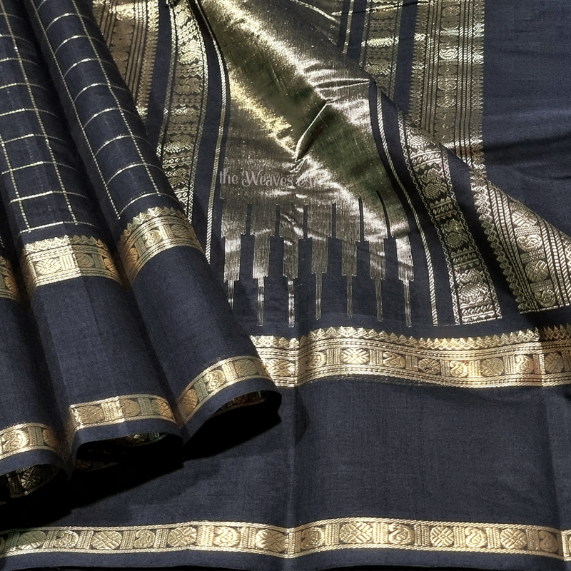 Black Checks Zari Kanchi Cotton Saree