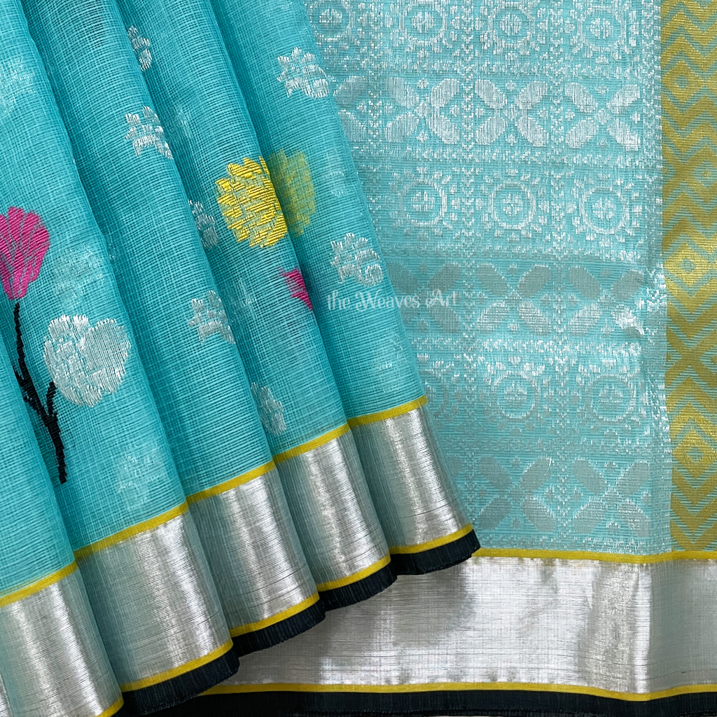 Blue Color Kota Doria Pure Zari Saree