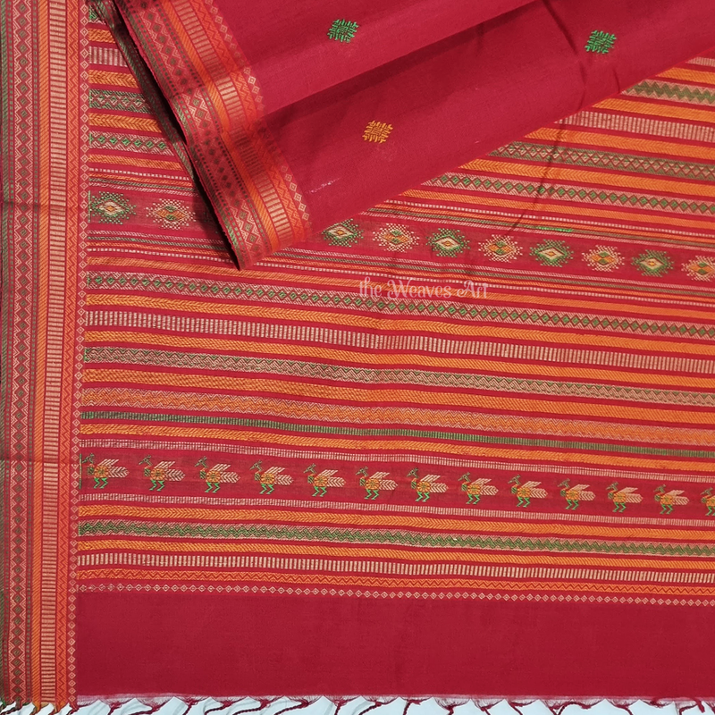Royal Red Color Handloom Kanchi Cotton Saree with Bomkai Motifs
