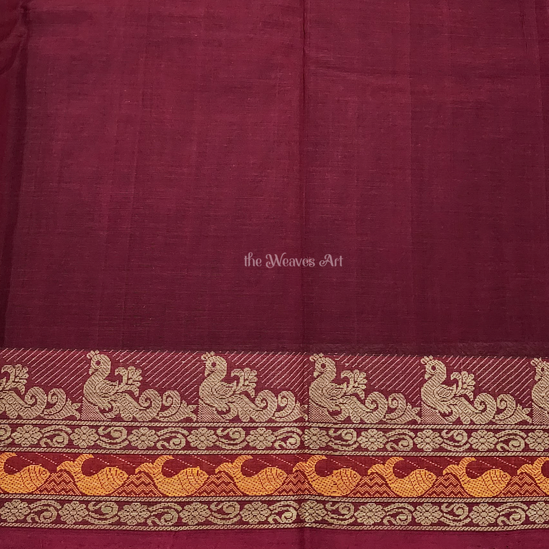 Smana - Dark Scarlet Color Handloom Kanchipuram Cotton Saree with Bomkai Motifs