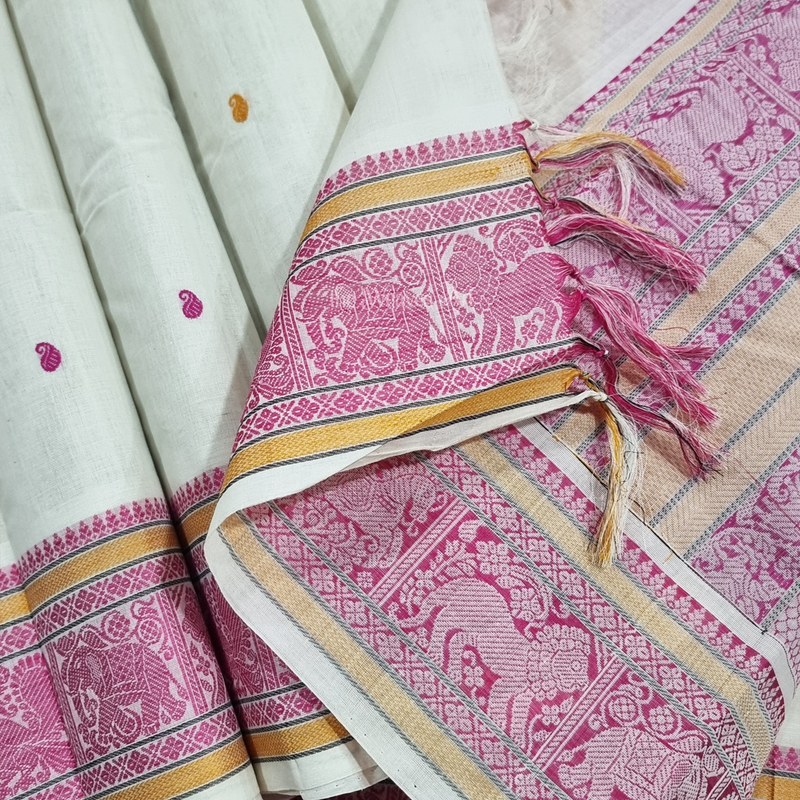 Cream & Pink Kanchi Cotton Saree