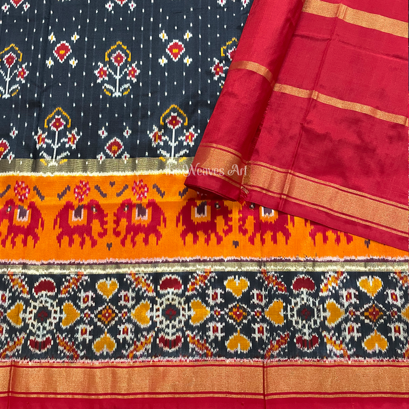 Dark Blue-Red Pochampally Ikat Silk Saree