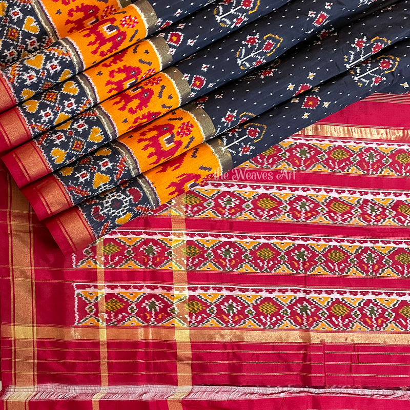 Dark Blue and Red Ikat Silk Saree