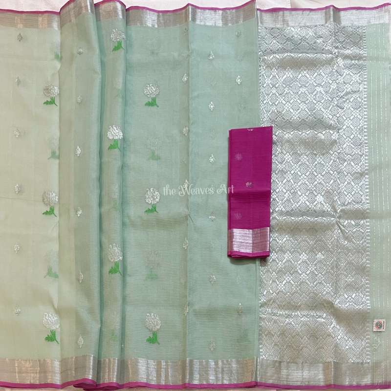 Green-Pink Kota Doria Pure Zari Saree