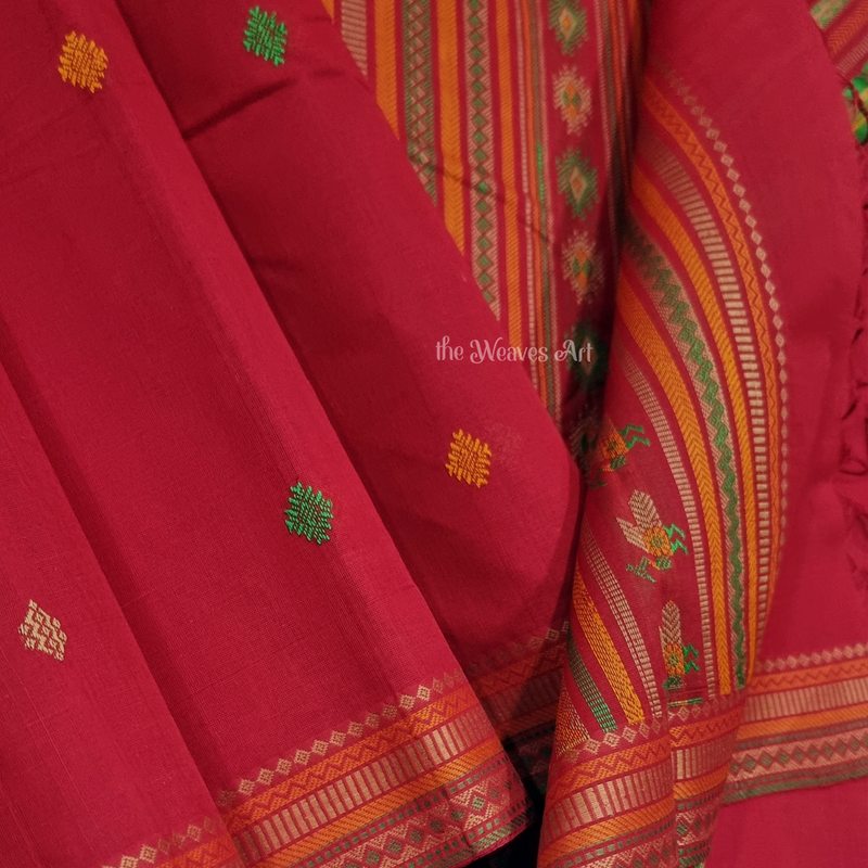 Royal Red Color Handloom Kanchi Cotton Saree with Bomkai Motifs