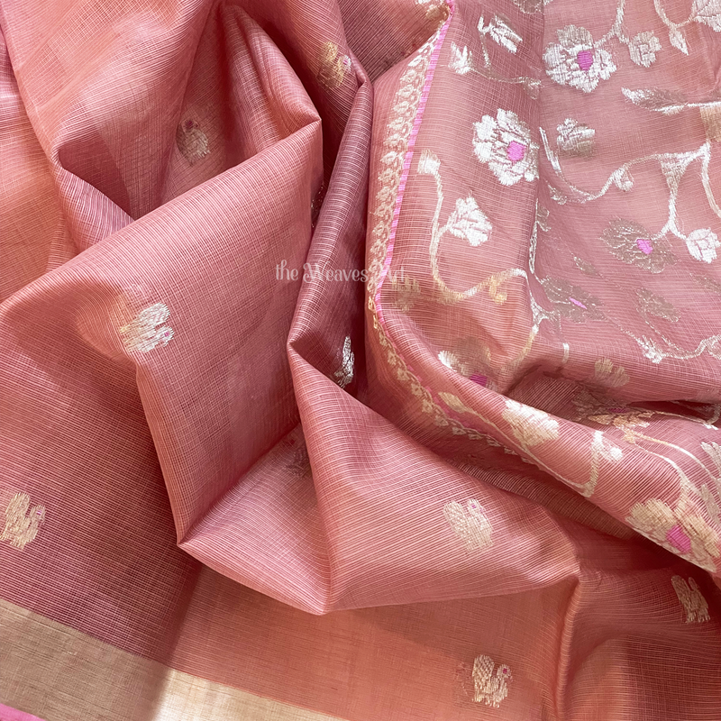 Mandara - Old Rose Color Handloom Kota Doria Pure Zari Saree with Meenakari Pallu