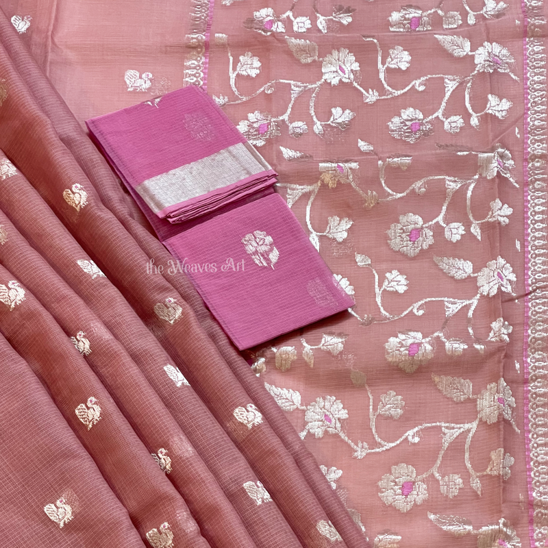 Mandara - Old Rose Color Handloom Kota Doria Pure Zari Saree with Meenakari Pallu