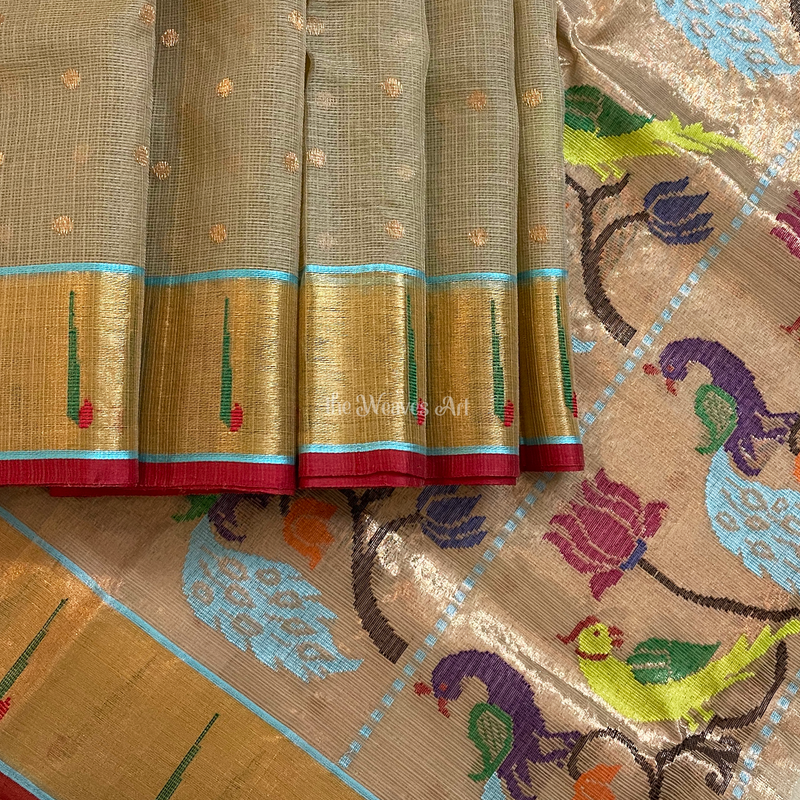 Kota Doria Pure Zari Saree with Paithani Kaddi Border