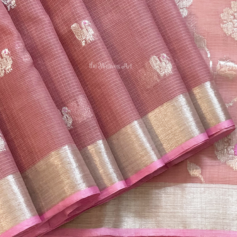 Mandara - Old Rose Color Handloom Kota Doria Pure Zari Saree with Meenakari Pallu