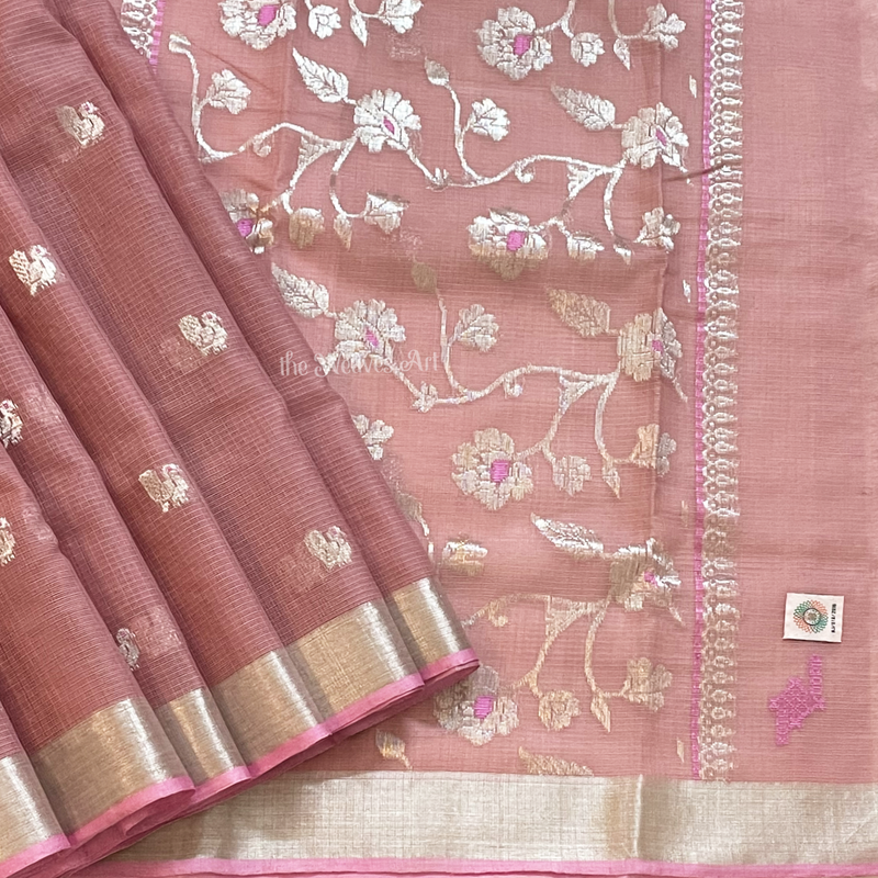 Mandara - Old Rose Color Handloom Kota Doria Pure Zari Saree with Meenakari Pallu