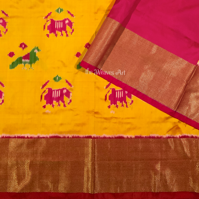 Hemaragini - Yellow & Pink Handloom Pochampally Haathi Popat Ikat Silk Saree