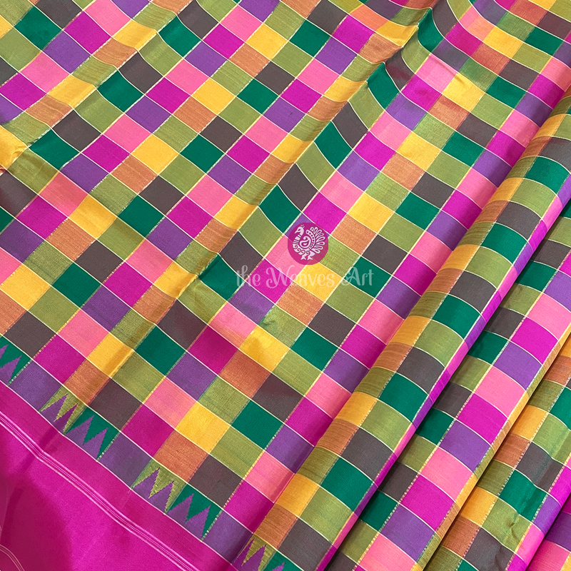 Multi-Color Checks Kanchipuram Pure Silk Saree