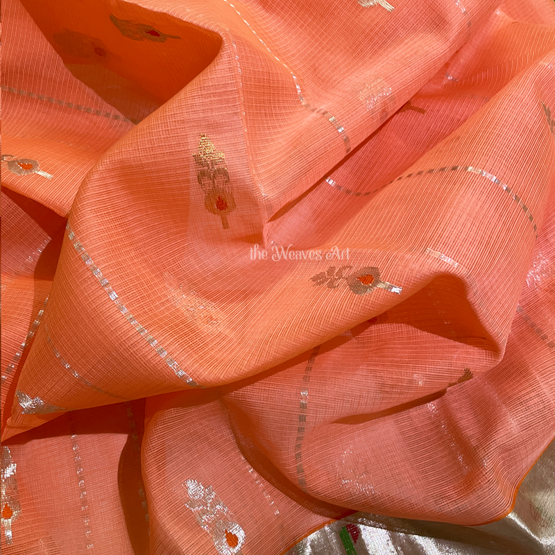 Orange Kota Doria Pure Zari Saree