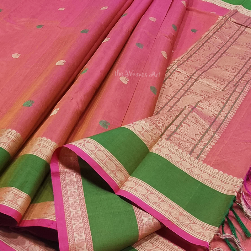 Orange-Pink Kanchi Cotton Saree