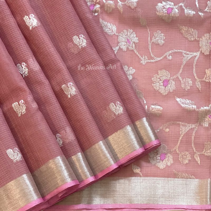Mandara - Old Rose Color Handloom Kota Doria Pure Zari Saree with Meenakari Pallu