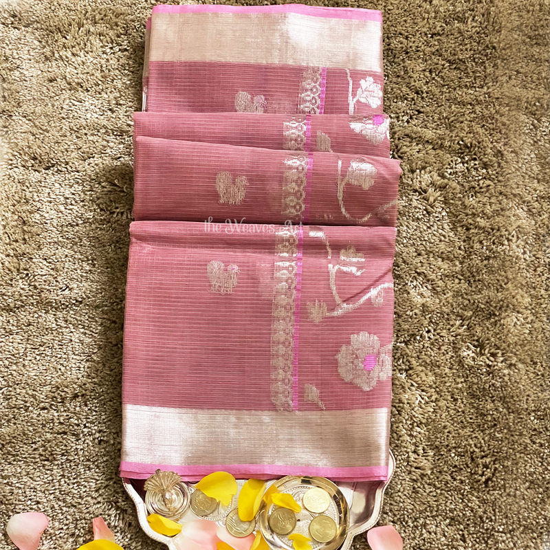 Mandara - Old Rose Color Handloom Kota Doria Pure Zari Saree with Meenakari Pallu