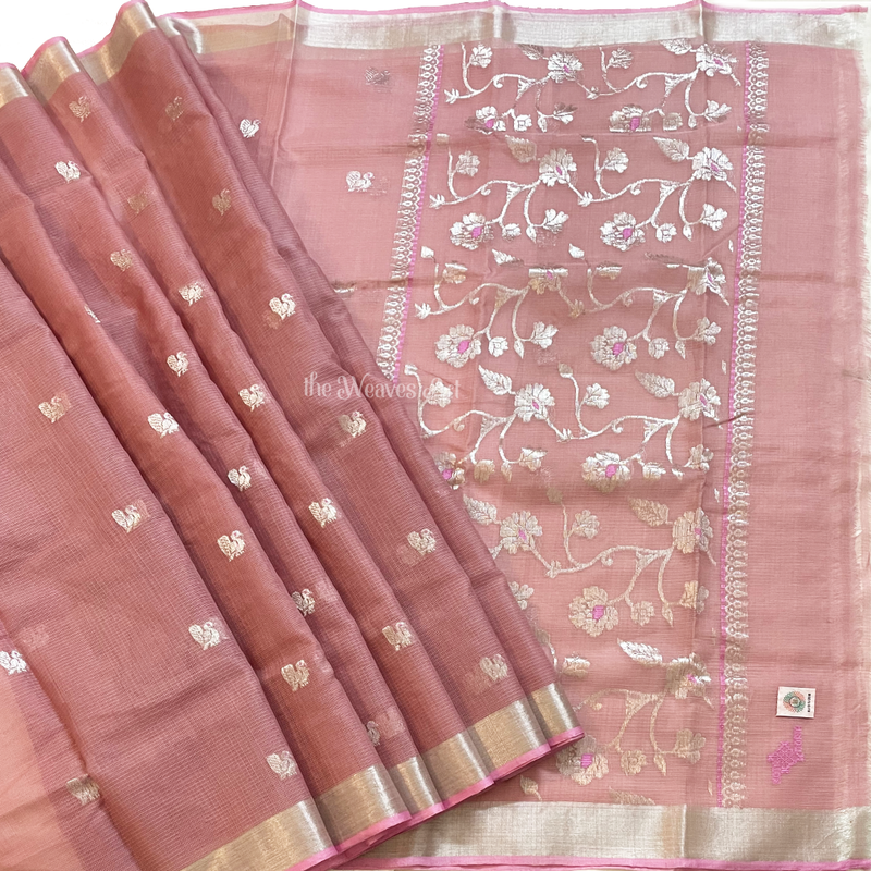 Mandara - Old Rose Color Handloom Kota Doria Pure Zari Saree with Meenakari Pallu