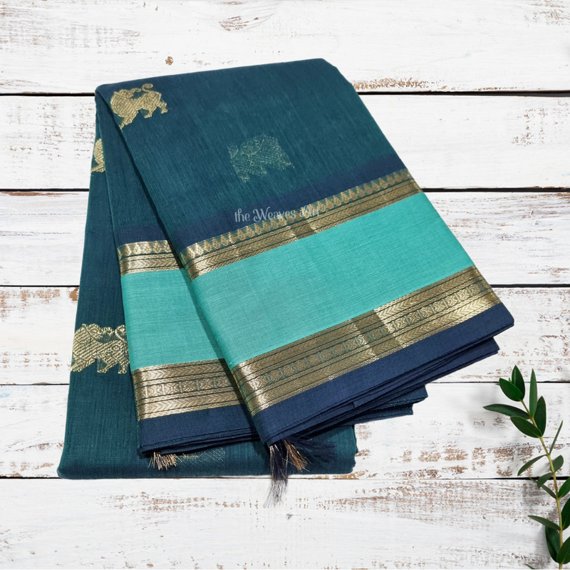 Yazhi Motifs Kanchi-Cotton Saree with Zari