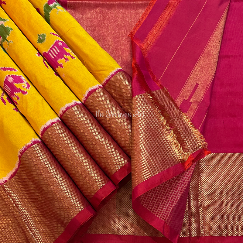 Yellow-Pink-Pochampally Ikat Silk Saree