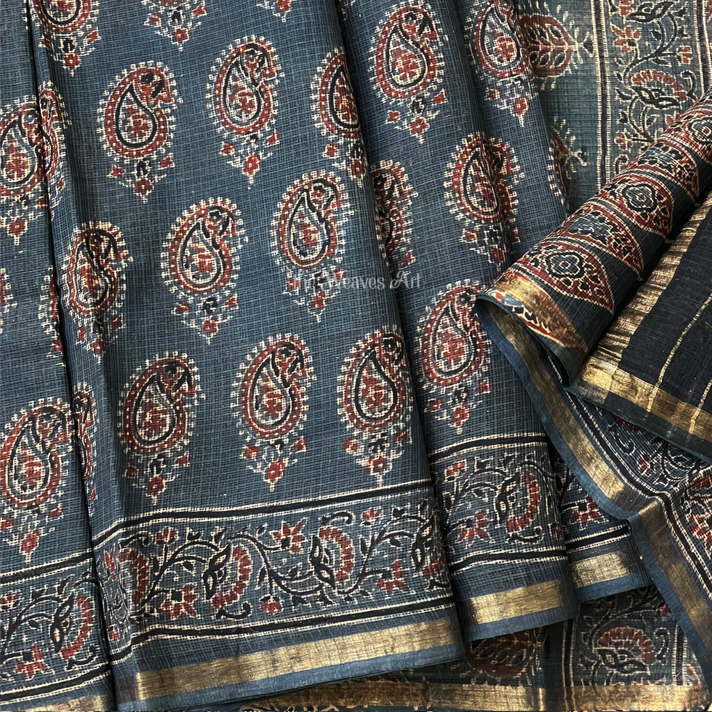 Ajrakh Print Handloom Kota Doria Saree with Zari Border