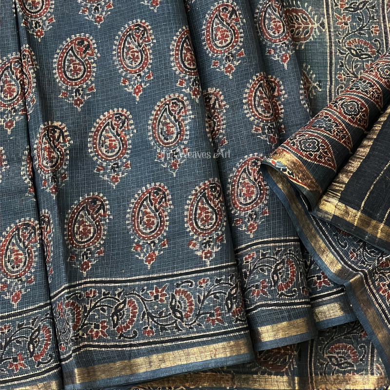 Ajrakh Print Handloom Kota Doria Saree with Zari Border