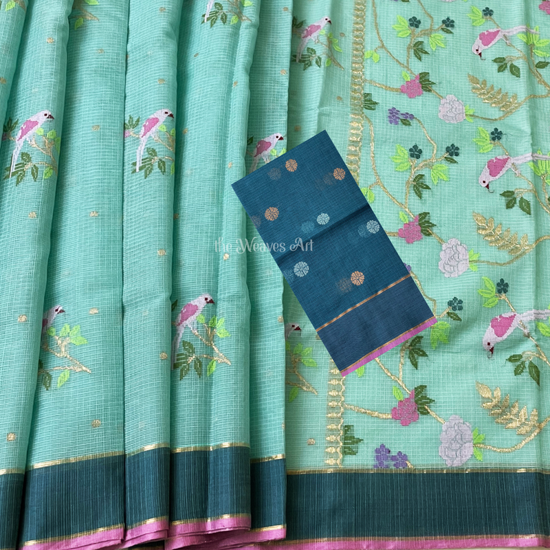 Arctic Blue Kota Doria Pure Zari Meenakari Saree
