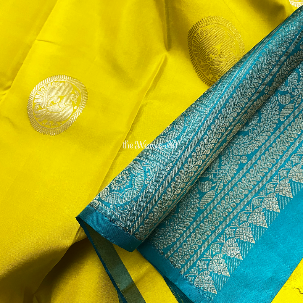 Yellow & Blue Borderless Kanjivaram Silk Saree