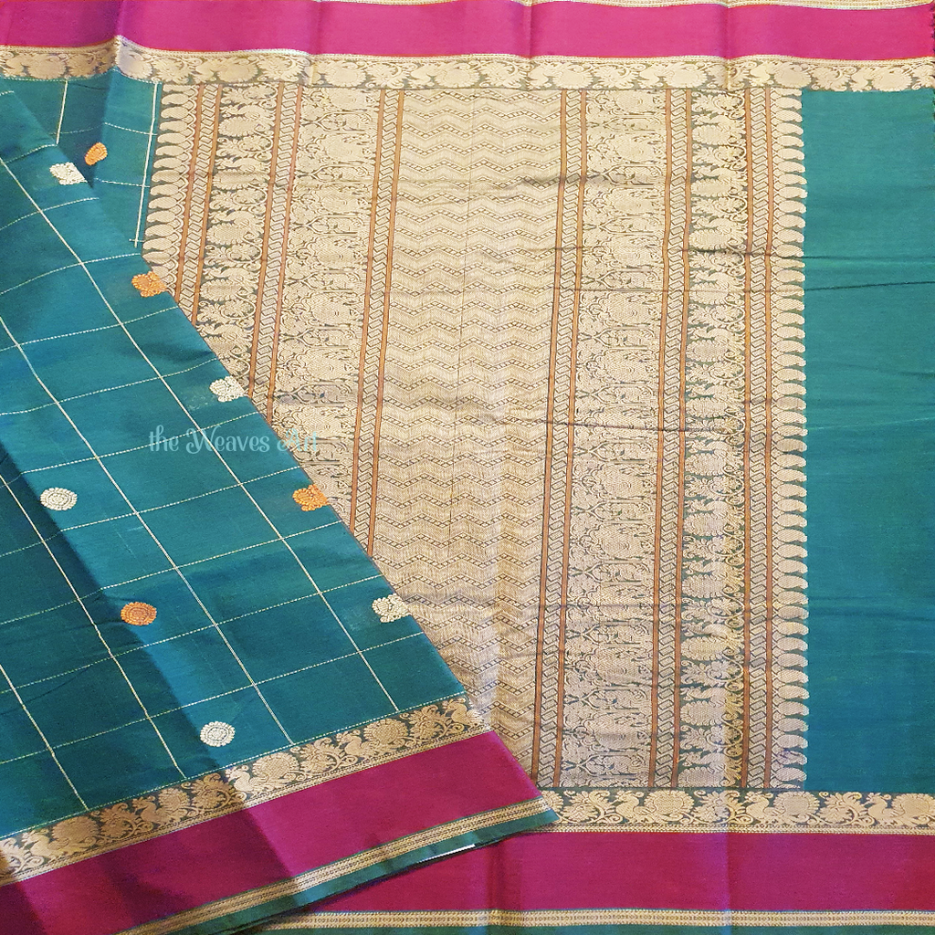 Teal Blue Colour Mayil-Chakram Handloom Checks Kanchi cotton Saree.