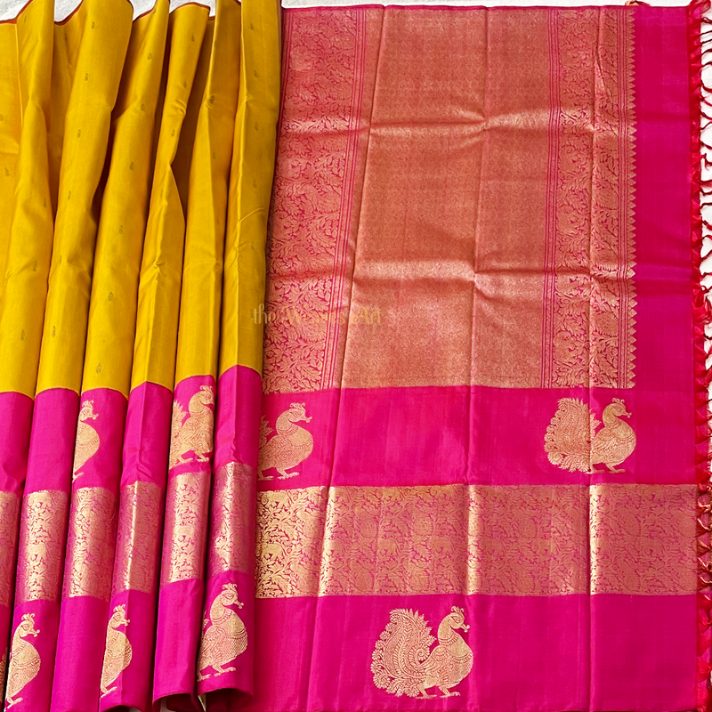 Yellow & Pink Half and Half Kanchipuram Pure Silk Saree