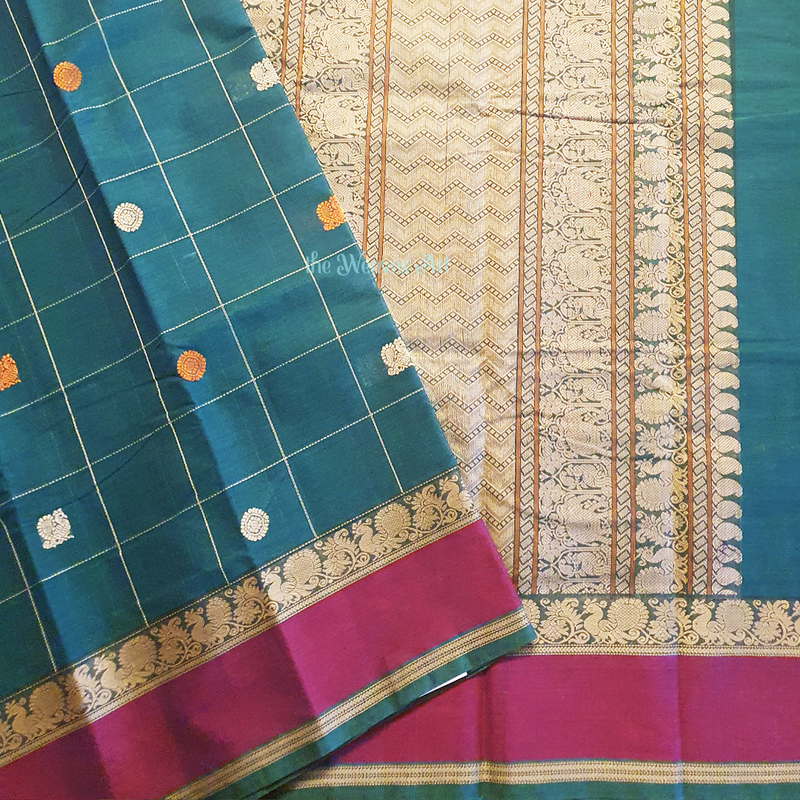 Teal Blue Colour Mayil-Chakram Handloom Checks Kanchi cotton Saree.