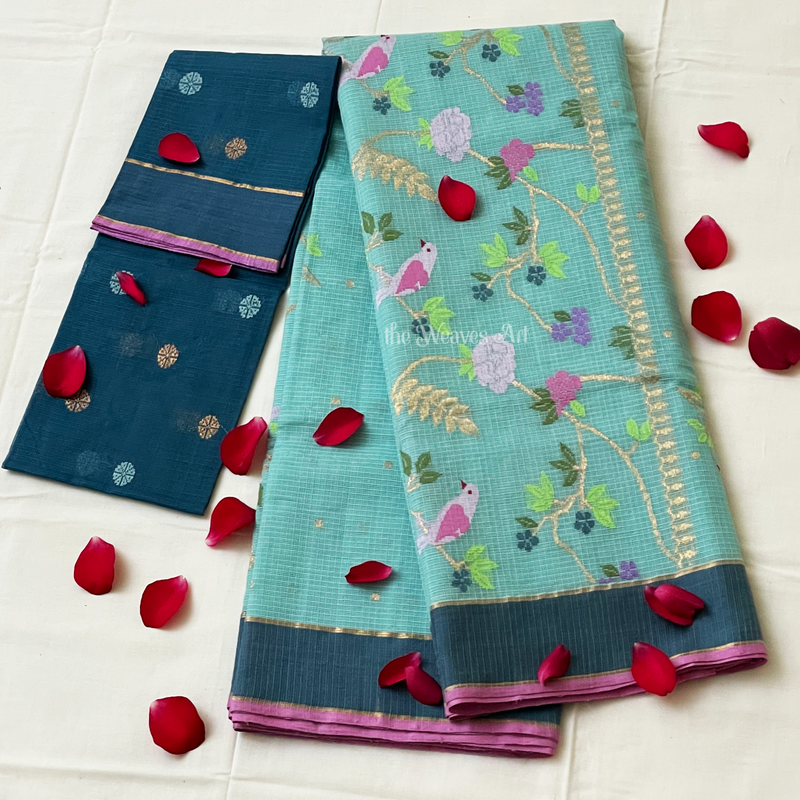 Saarikaa - Arctic Blue Handloom Pure Zari Kota Doria Meenakari Saree