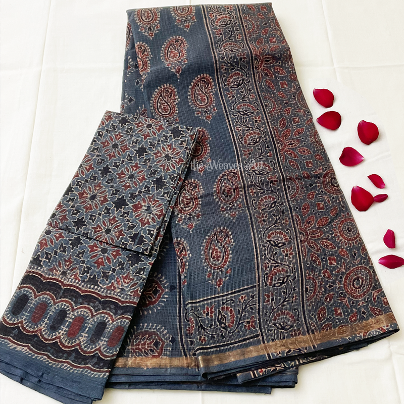 Natural Dyed Ajrakh Print Handloom Kota Doria Saree with Blouse
