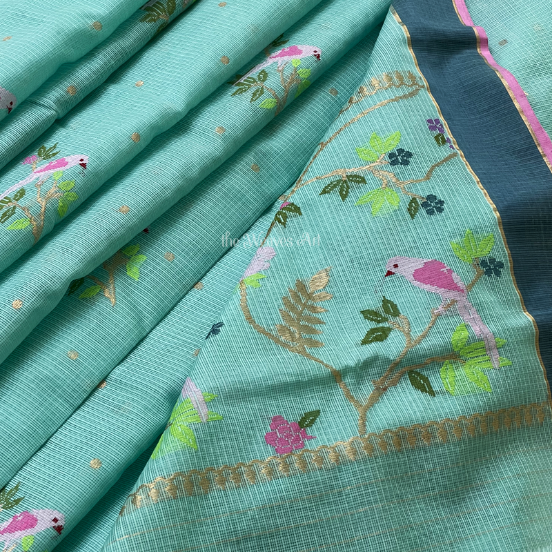 Saarikaa - Arctic Blue Handloom Pure Zari Kota Doria Meenakari Saree
