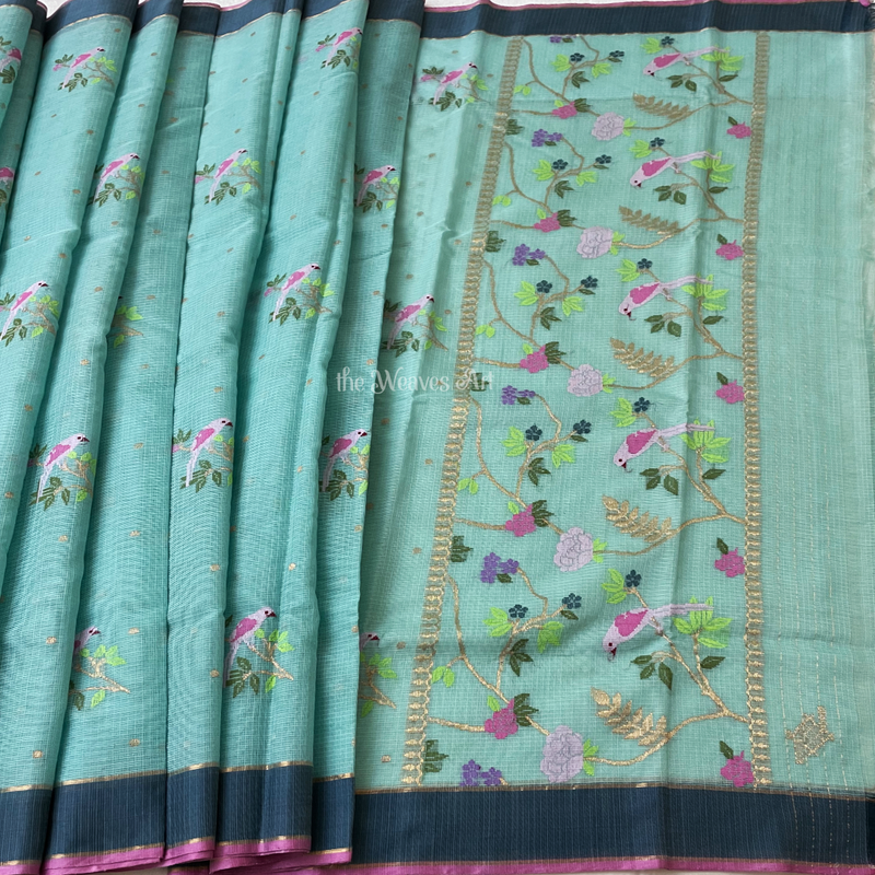 Saarikaa - Arctic Blue Handloom Pure Zari Kota Doria Meenakari Saree
