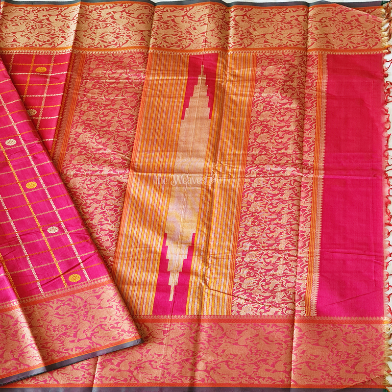 Barbie Pink Handloom Veldhari Checks Kanchi Cotton Saree