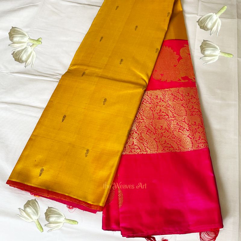 Yellow & Pink Kanchipuram Wedding Silk Saree with Silk Mark