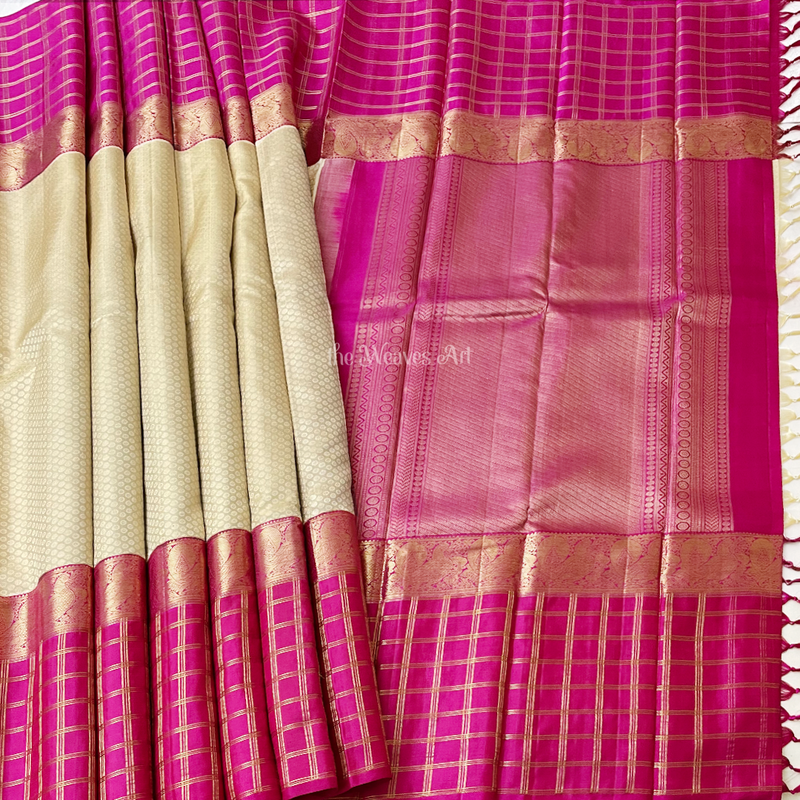 Sandal Yellow Kanchi Silk Saree with Pink Border-VS86