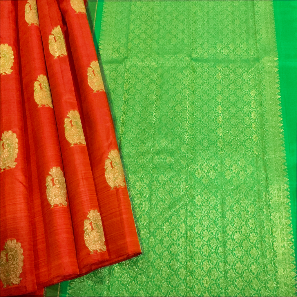 Orange Kanchipuram Pattu Saree with Green Pallu (Pure Silk with Silk Mark Tag)
