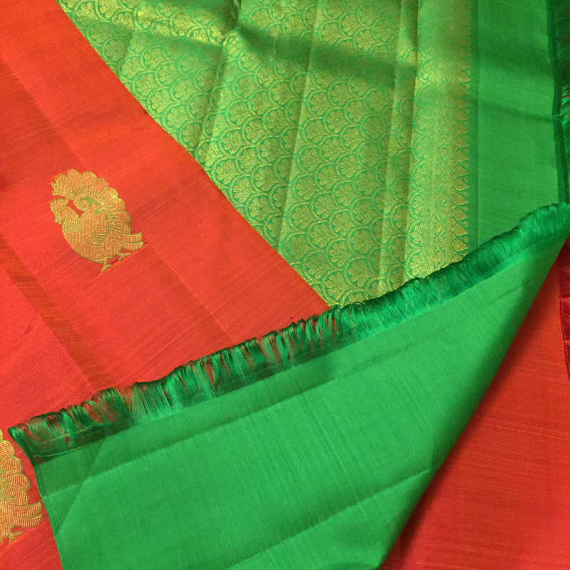 Orange & Green Combination Kanchipuram Silk Saree