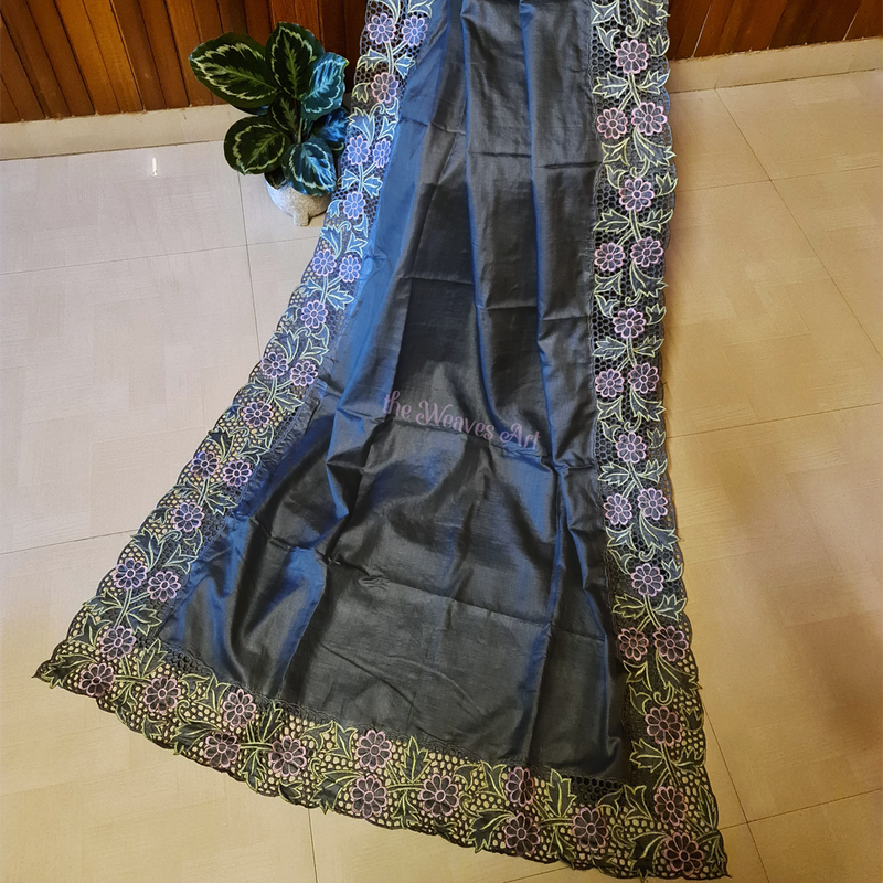 Davy’s Grey Tussar Silk Cutwork Saree