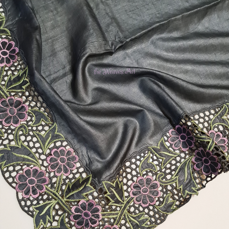 Davy’s Grey Tussar Silk Cutwork Saree