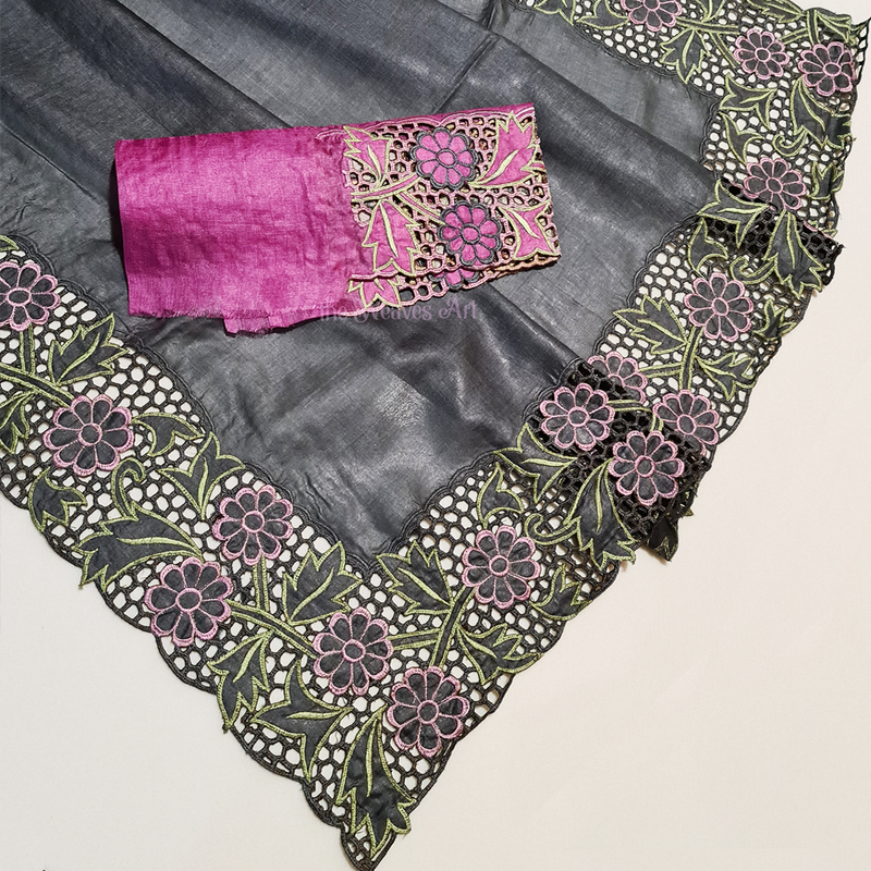 Davy’s Grey Tussar Silk Cutwork Saree