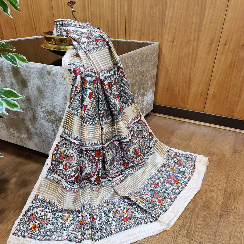 Hand-Painted Madhubani Tussar Ghicha Silk Saree