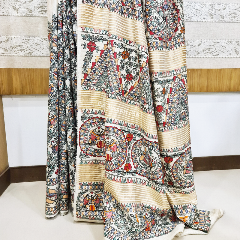 Hand-Painted Madhubani Tussar Ghicha Silk Saree