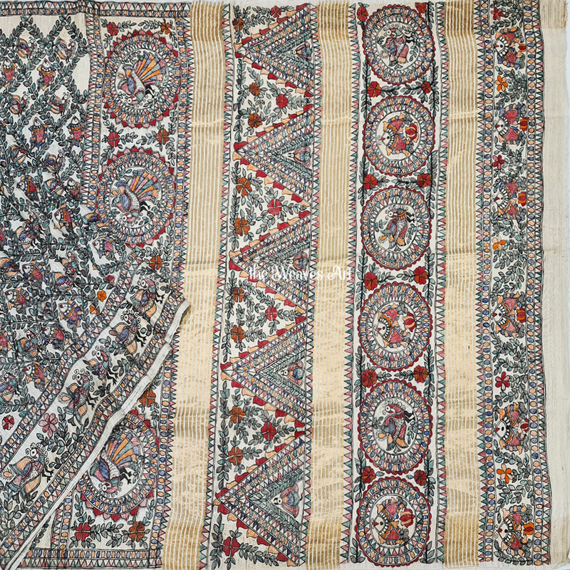 Hand-Painted Madhubani Tussar Ghicha Silk Saree