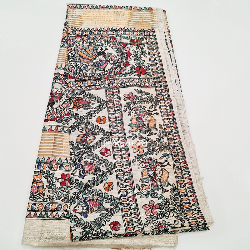 Hand-Painted Madhubani Tussar Ghicha Silk Saree